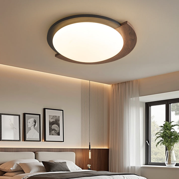 Zeitgenössische Retro Runde Holzmaserung Eisenrahmen Acrylschirm LED-Deckenleuchte für Wohnzimmer 