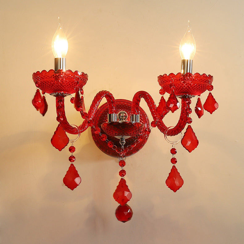 Traditional European Wedding Curved Rod Candle Holder Hardware Glass Crystal Fabric 2-Light Wall Sconce Lamp For Living Room