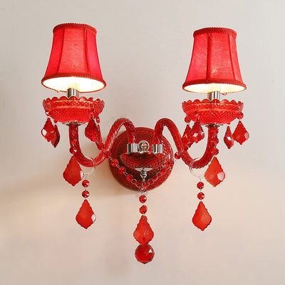 Traditional European Wedding Curved Rod Candle Holder Hardware Glass Crystal Fabric 2-Light Wall Sconce Lamp For Living Room