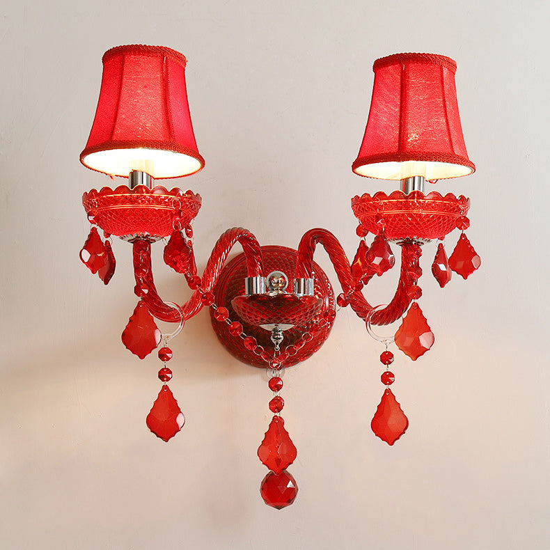 Traditional European Wedding Curved Rod Candle Holder Hardware Glass Crystal Fabric 2-Light Wall Sconce Lamp For Living Room