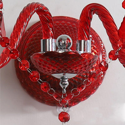 Traditional European Wedding Curved Rod Candle Holder Hardware Glass Crystal Fabric 2-Light Wall Sconce Lamp For Living Room