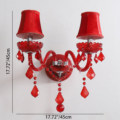 Traditional European Wedding Curved Rod Candle Holder Hardware Glass Crystal Fabric 2-Light Wall Sconce Lamp For Living Room