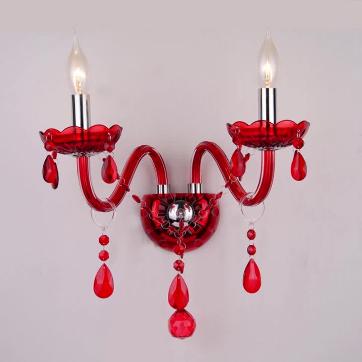 Traditional European Wedding Curved Rod Candle Holder Hardware Glass Crystal Fabric 2-Light Wall Sconce Lamp For Living Room