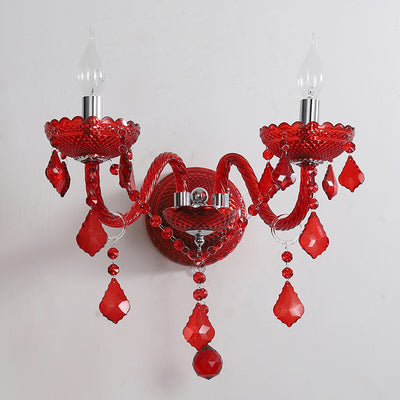 Traditional European Wedding Curved Rod Candle Holder Hardware Glass Crystal Fabric 2-Light Wall Sconce Lamp For Living Room