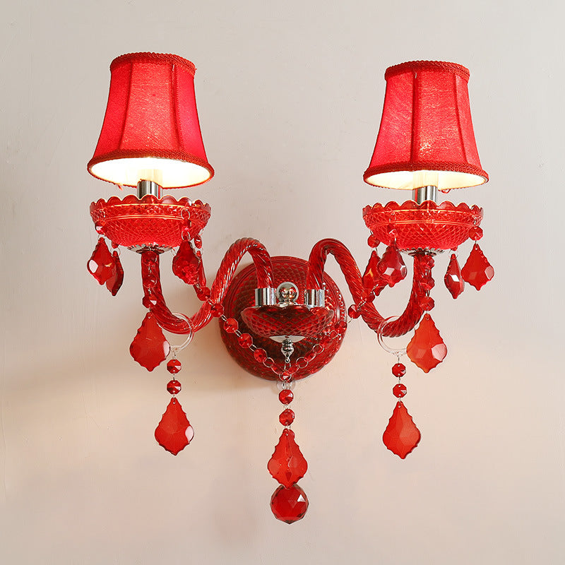 Traditional European Wedding Curved Rod Candle Holder Hardware Glass Crystal Fabric 2-Light Wall Sconce Lamp For Living Room