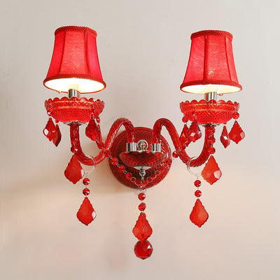 Traditional European Wedding Curved Rod Candle Holder Hardware Glass Crystal Fabric 2-Light Wall Sconce Lamp For Living Room