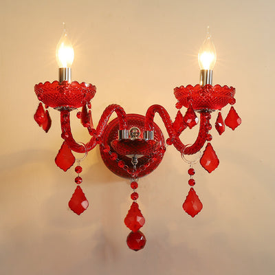 Traditional European Wedding Curved Rod Candle Holder Hardware Glass Crystal Fabric 2-Light Wall Sconce Lamp For Living Room