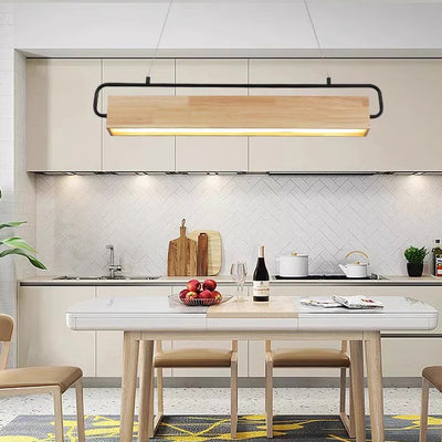Modern Minimalist Rectangular Wood Acrylic Shade LED Island Light Chandelier For Dining Room