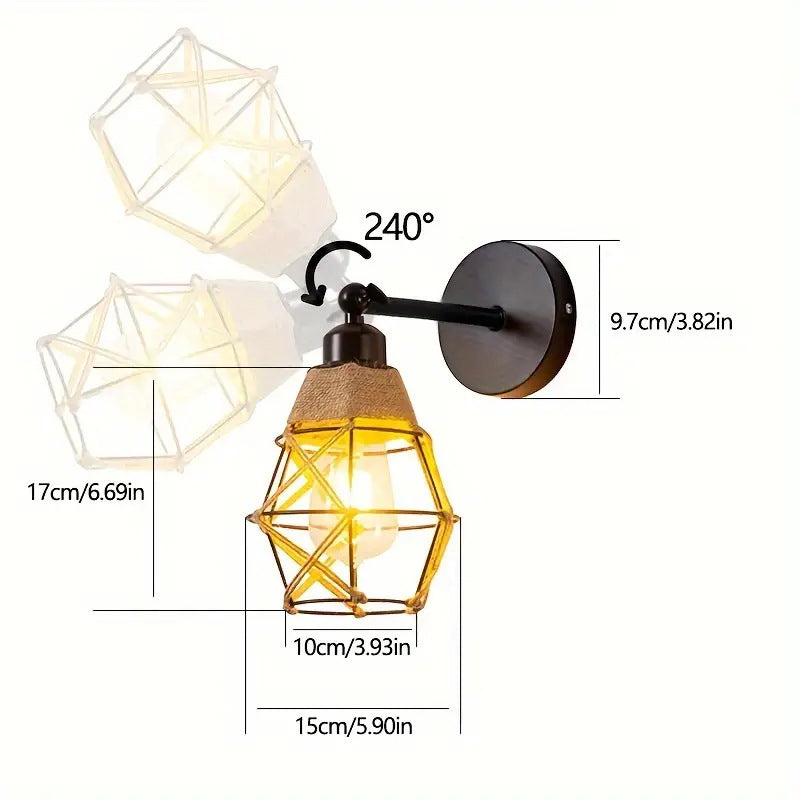 Contemporary Industrial Round Polygonal Iron Cage Hemp Rope 1-Light Wall Sconce Lamp For Living Room