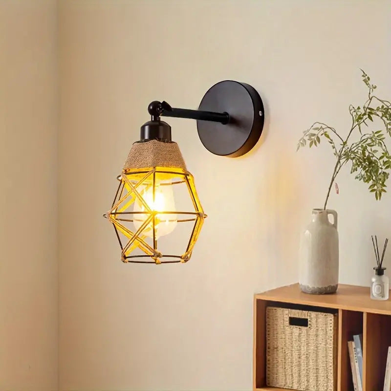 Contemporary Industrial Round Polygonal Iron Cage Hemp Rope 1-Light Wall Sconce Lamp For Living Room