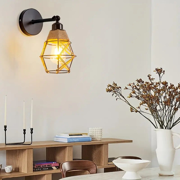 Contemporary Industrial Round Polygonal Iron Cage Hemp Rope 1-Light Wall Sconce Lamp For Living Room
