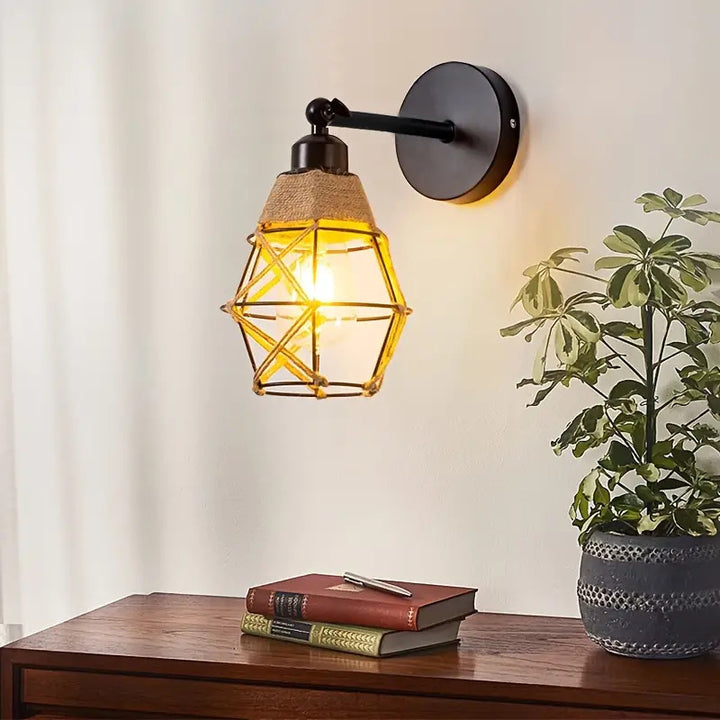 Contemporary Industrial Round Polygonal Iron Cage Hemp Rope 1-Light Wall Sconce Lamp For Living Room