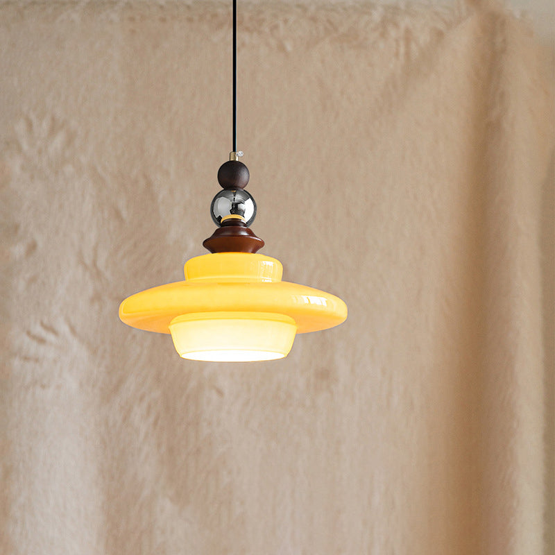 Suspension Luminaire Contemporain Rétro Rond Disque Orbe Bois Massif Verre 1-Lumière Pour Salon 