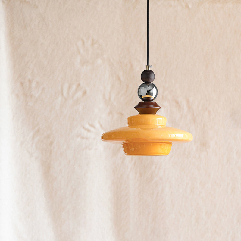 Suspension Luminaire Contemporain Rétro Rond Disque Orbe Bois Massif Verre 1-Lumière Pour Salon 