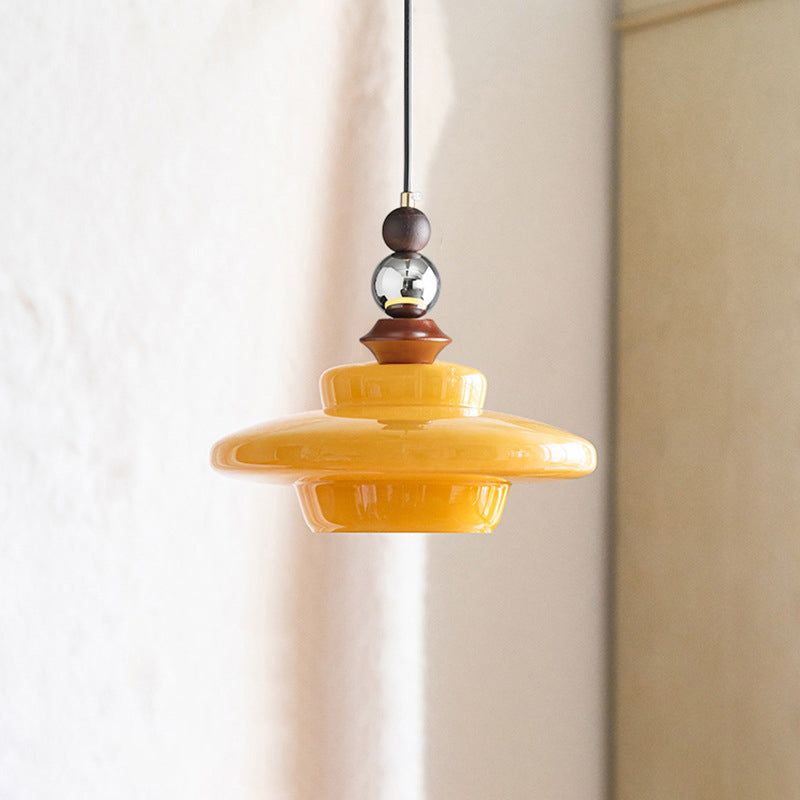 Suspension Luminaire Contemporain Rétro Rond Disque Orbe Bois Massif Verre 1-Lumière Pour Salon 