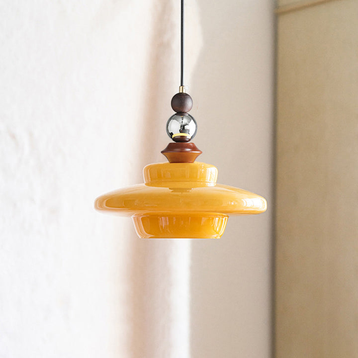 Suspension Luminaire Contemporain Rétro Rond Disque Orbe Bois Massif Verre 1-Lumière Pour Salon 