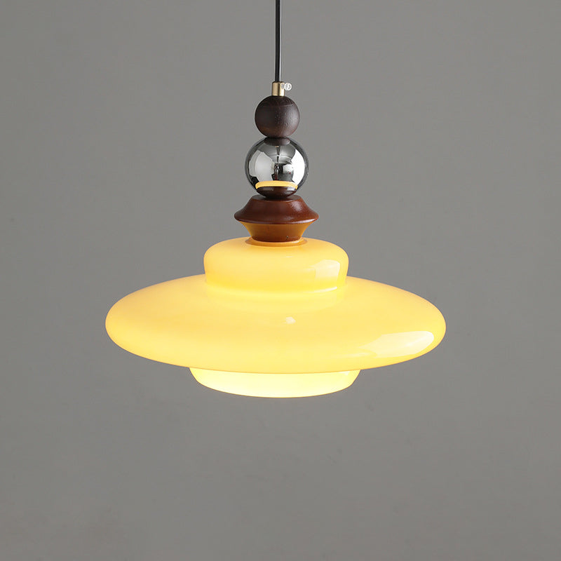 Suspension Luminaire Contemporain Rétro Rond Disque Orbe Bois Massif Verre 1-Lumière Pour Salon 