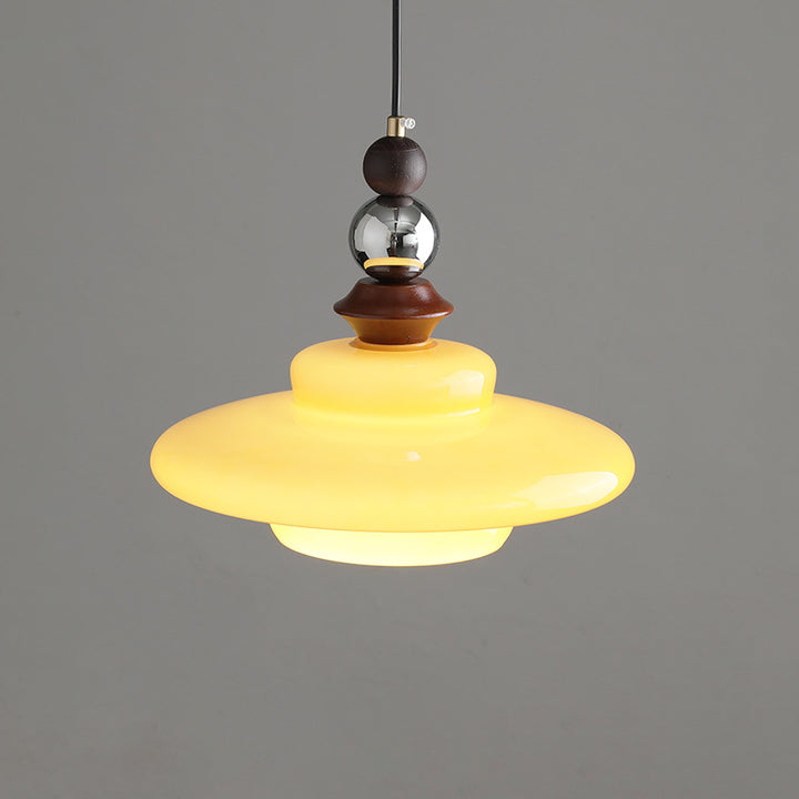 Suspension Luminaire Contemporain Rétro Rond Disque Orbe Bois Massif Verre 1-Lumière Pour Salon 