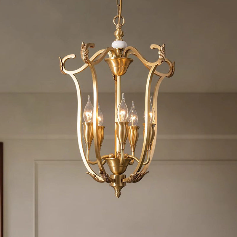 Traditional French Round Line Full Brass Frame 5-Light Chandelier For Living Room