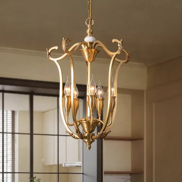 Traditional French Round Line Full Brass Frame 5-Light Chandelier For Living Room