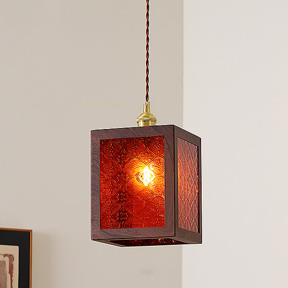 Suspension Luminaire Traditionnel Vintage Cylindre Rectangle Trapèze Cuivre Verre Fer 1-Lumière Pour Salon 