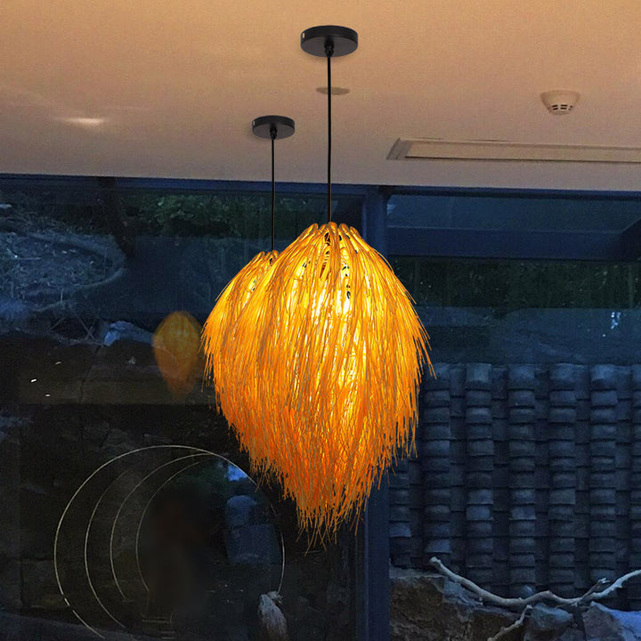 Traditional Chinese Hairball Shape Bamboo Woven 1-Light Pendant Light For Dining Room