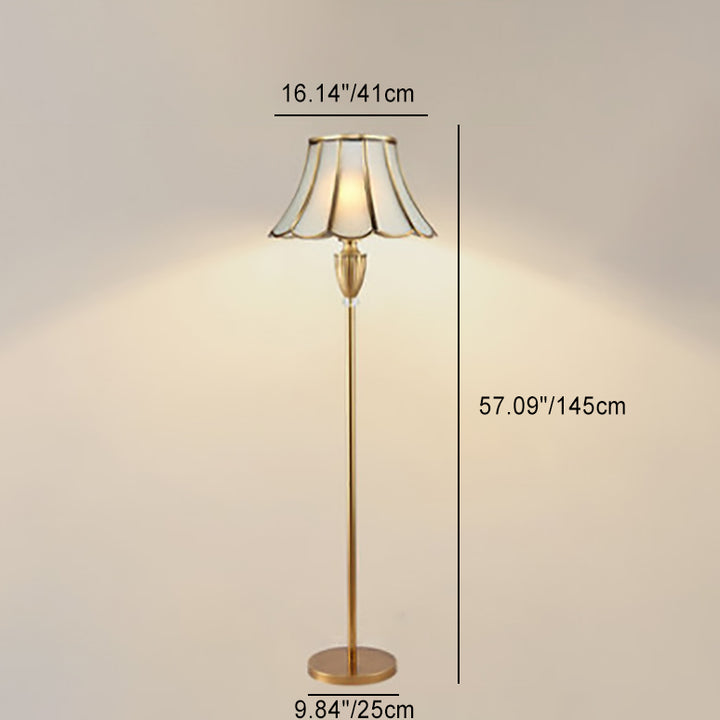 Lámpara de pie de 1 luz de vidrio de cobre con encaje redondo tradicional europeo para sala de estar 