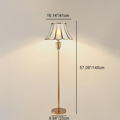Lámpara de pie de 1 luz de vidrio de cobre con encaje redondo tradicional europeo para sala de estar 