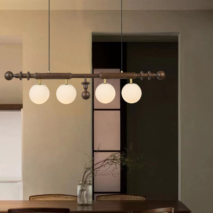 Traditional French Long Pole Round Globe Ash Wood Glass 4-Light Island Light Chandelier For Dining Room