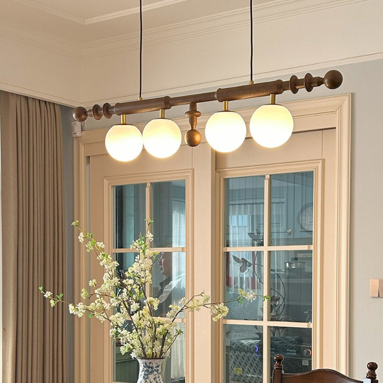 Traditional French Long Pole Round Globe Ash Wood Glass 4-Light Island Light Chandelier For Dining Room