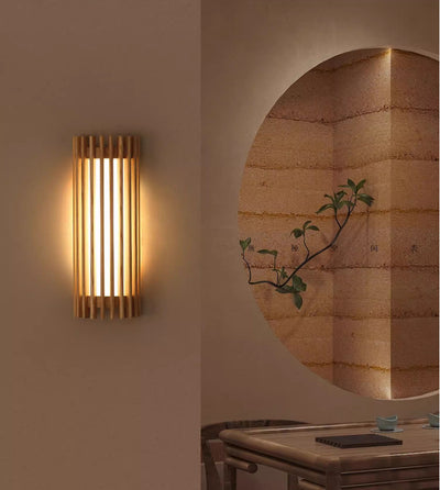 مصباح حائط LED من الخشب المطاطي الياباني التقليدي نصف أسطوانة مخطط PVC لغرفة المعيشة 