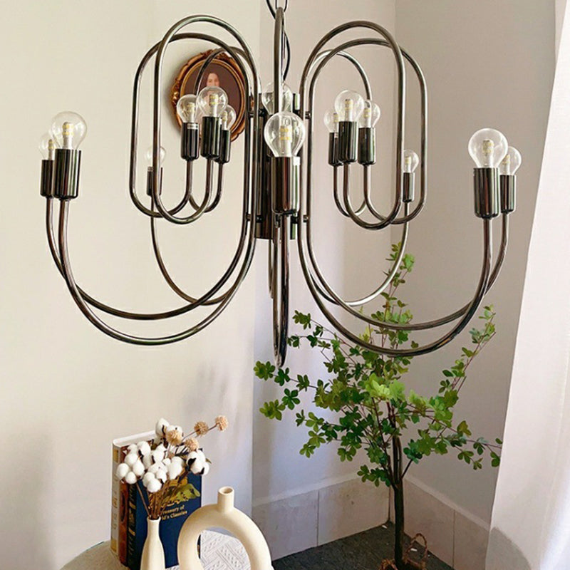 Contemporary Nordic Branch Curved Rod Carbon Steel Glass 8/12/16 Light Chandelier For Living Room