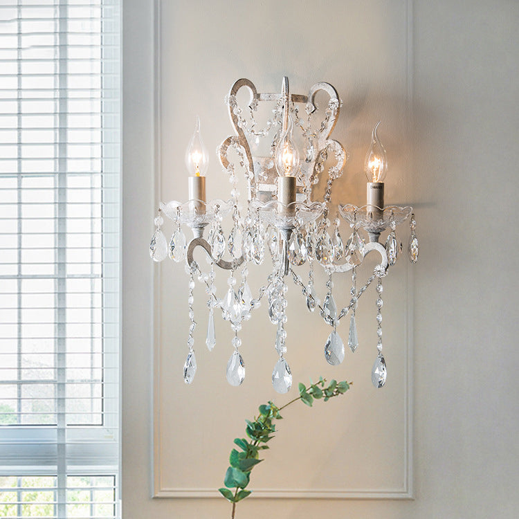 Traditional Rustic Branch Curved Pole Candelabra Crystal Iron 3-Light Wall Sconce Lamp For Living Room
