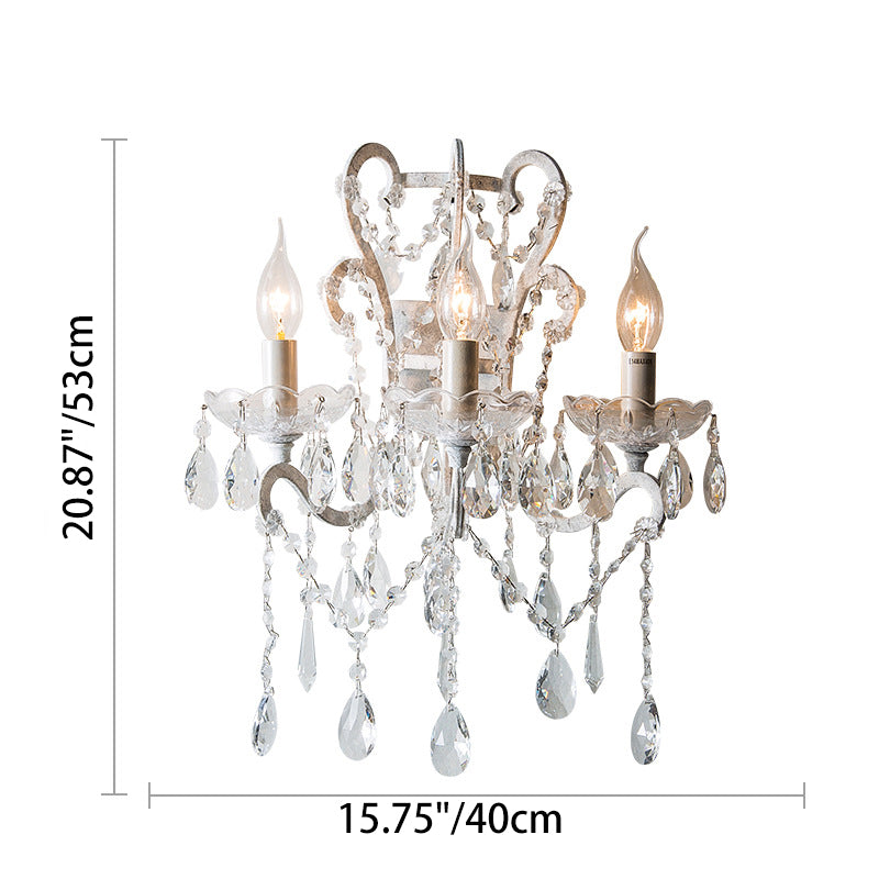 Applique Murale Traditionnelle Rustique en Fer à 3 Lumières avec Bougeoirs en Cristal et Tige Courbée pour Salon 