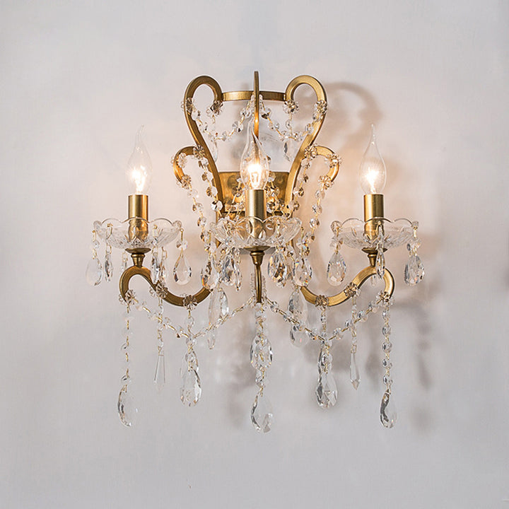 Applique Murale Traditionnelle Rustique en Fer à 3 Lumières avec Bougeoirs en Cristal et Tige Courbée pour Salon 