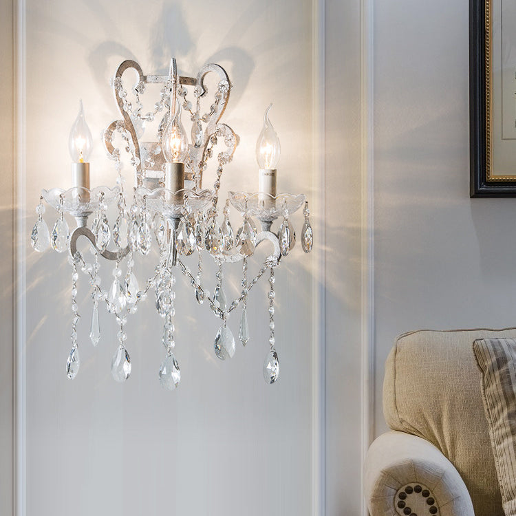Applique Murale Traditionnelle Rustique en Fer à 3 Lumières avec Bougeoirs en Cristal et Tige Courbée pour Salon 