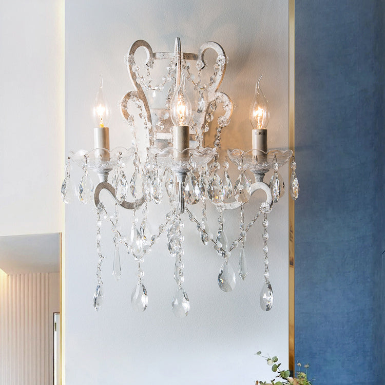 Traditional Rustic Branch Curved Pole Candelabra Crystal Iron 3-Light Wall Sconce Lamp For Living Room