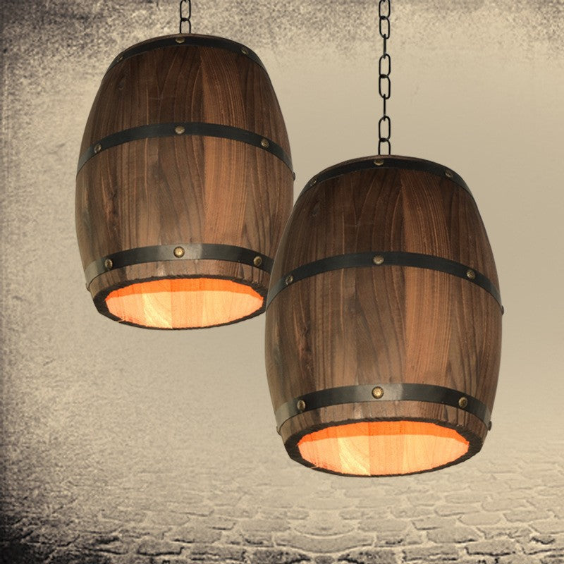 Traditionelle rustikale runde Fass Holz Eisen 1-Licht Pendelleuchte für Esszimmer 