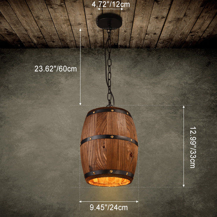 Traditionelle rustikale runde Fass Holz Eisen 1-Licht Pendelleuchte für Esszimmer 