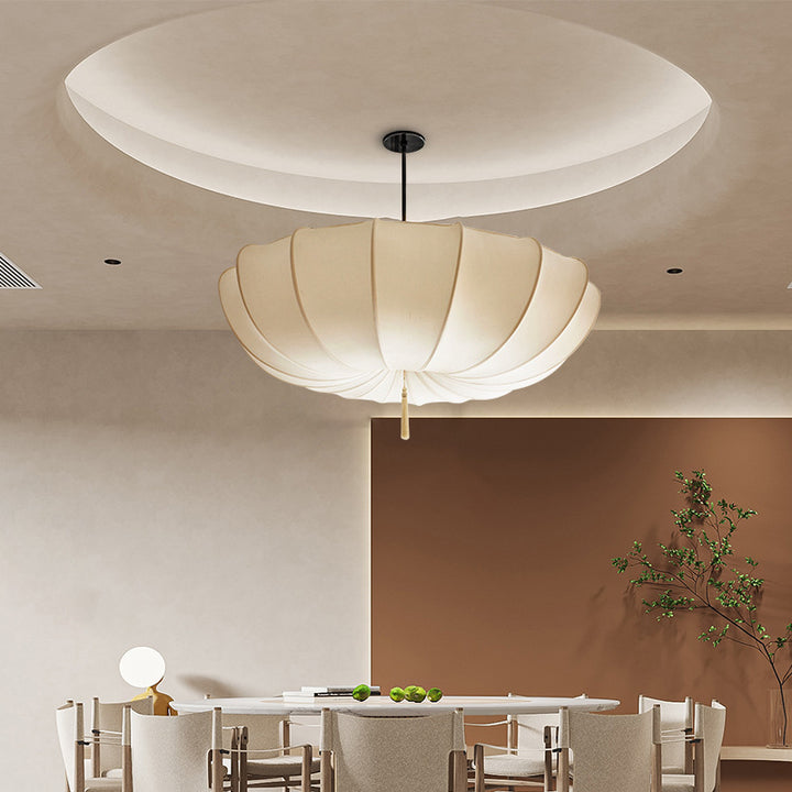 Traditional Japanese Round Iron Frame Fabric Shade 3/5 Light Chandelier For Living Room