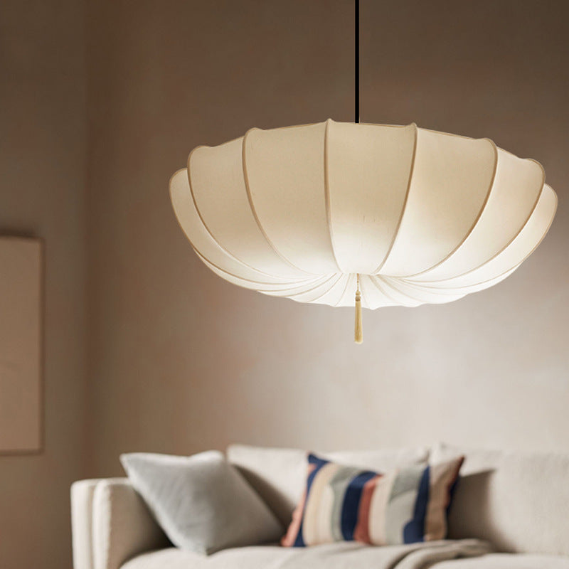 Traditional Japanese Round Iron Frame Fabric Shade 3/5 Light Chandelier For Living Room