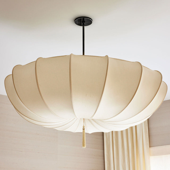 Traditional Japanese Round Iron Frame Fabric Shade 3/5 Light Chandelier For Living Room
