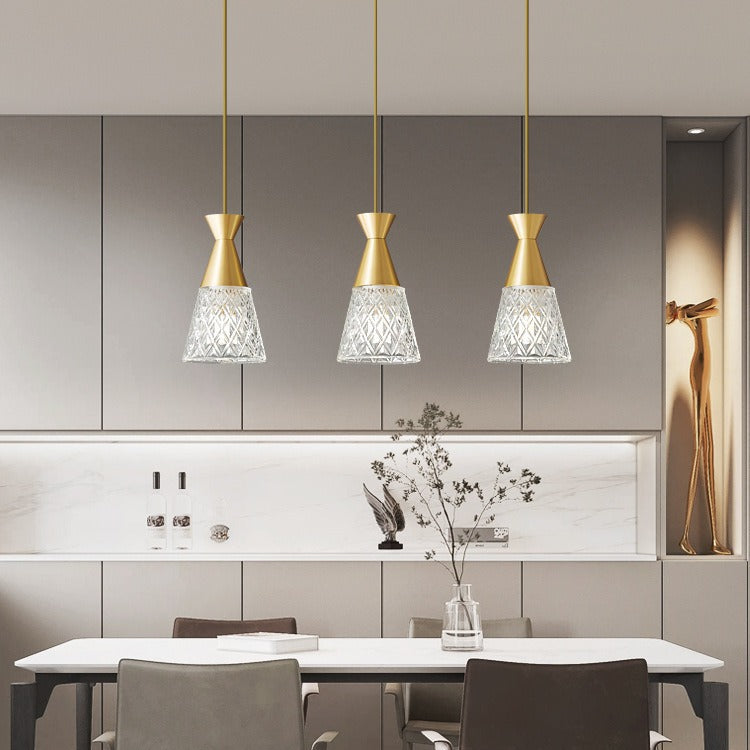Moderner minimalistischer Kegel Messingrahmen Glasschirm 1/3 Licht Insel Licht Kronleuchter für Esszimmer 
