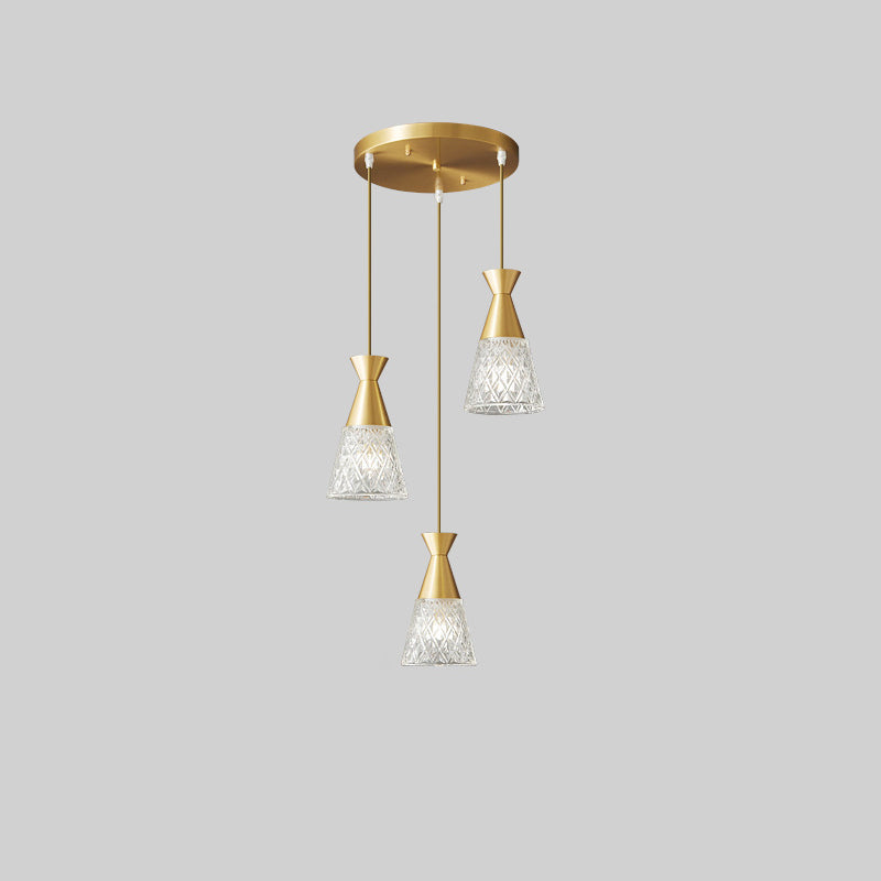 Lustre moderne minimaliste à cône avec cadre en laiton et abat-jour en verre 1/3 lumière pour salle à manger 