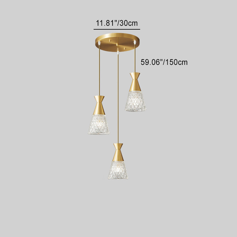 Lustre moderne minimaliste à cône avec cadre en laiton et abat-jour en verre 1/3 lumière pour salle à manger 