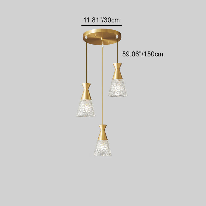 Lustre moderne minimaliste à cône avec cadre en laiton et abat-jour en verre 1/3 lumière pour salle à manger 