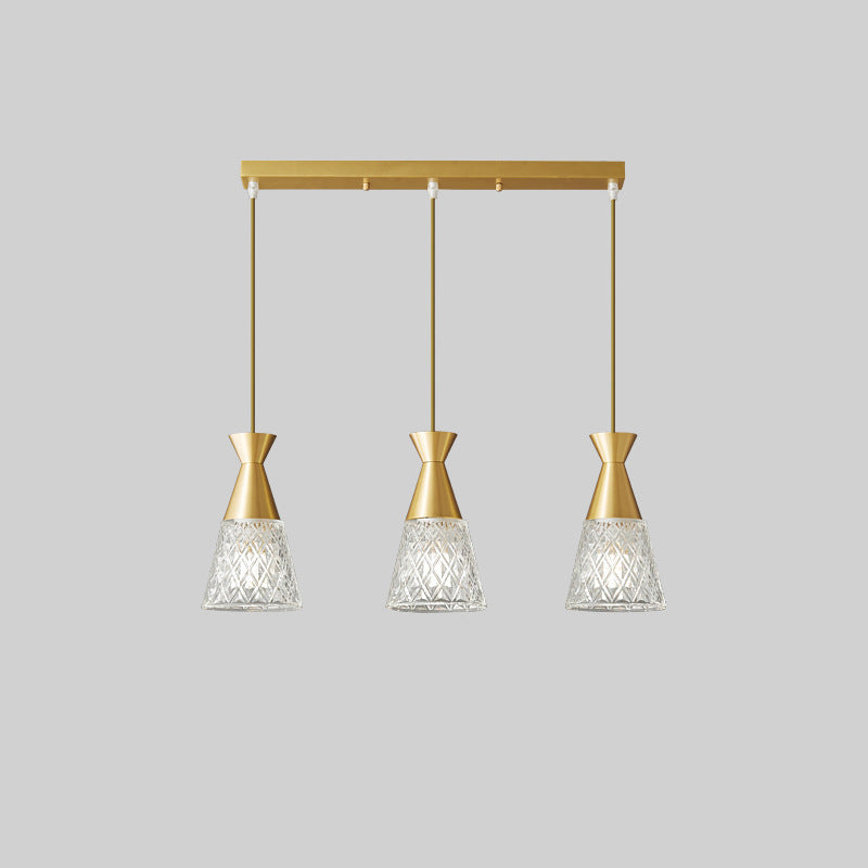 Lustre moderne minimaliste à cône avec cadre en laiton et abat-jour en verre 1/3 lumière pour salle à manger 