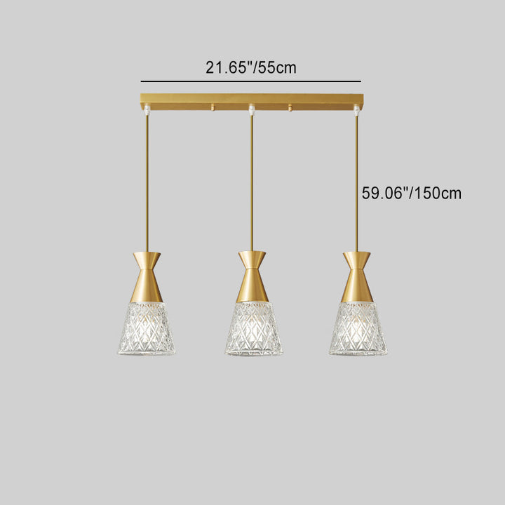 Lustre moderne minimaliste à cône avec cadre en laiton et abat-jour en verre 1/3 lumière pour salle à manger 