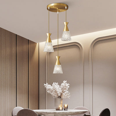 Moderner minimalistischer Kegel Messingrahmen Glasschirm 1/3 Licht Insel Licht Kronleuchter für Esszimmer 