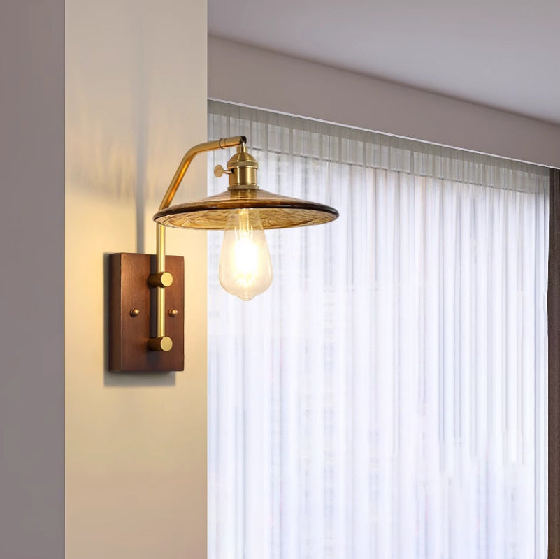 Traditional Vintage Round Cone Iron Frame Wood Base Glass Shade 1-Light Wall Sconce Lamp For Living Room